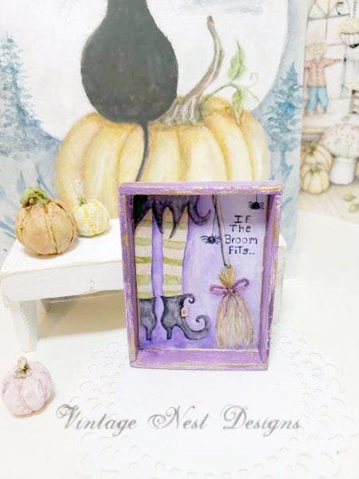 Witch If Broom Fits No.1:1 Dollhouse Miniature Handmade Wooden Framed Art image 0