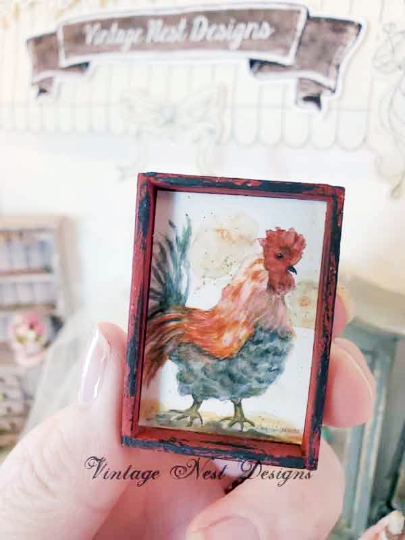 Rooster No.4:2 Dollhouse Miniature Handmade Wooden Framed Art image 1