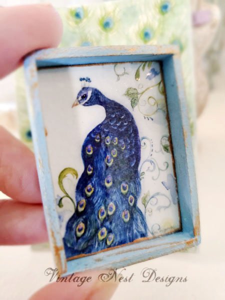 Peacock No.1:2 Dollhouse Miniature Handmade Wooden Framed Art image 1