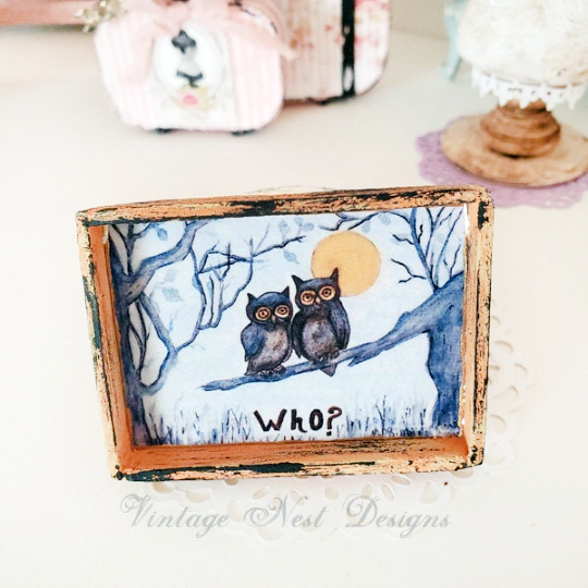Owls, One Who No.1:1 Dollhouse Miniature Handmade Wooden Framed Art image 0