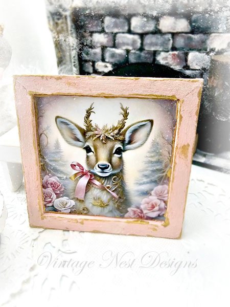 Christmas Doe No.2:1 Dollhouse Miniature Handmade Wooden Framed Art image 0