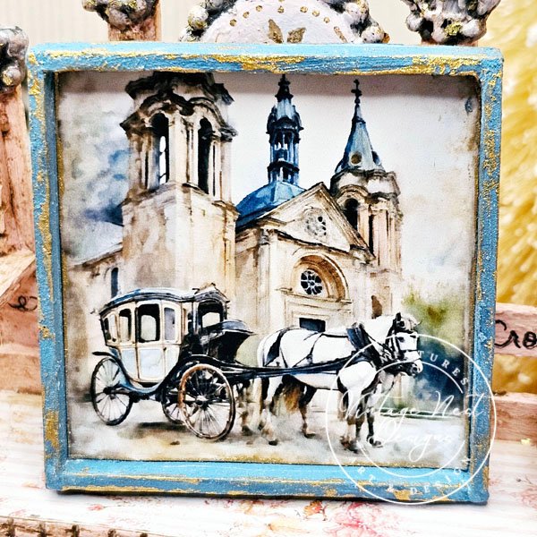 Horse and Carriage No.1:1 Dollhouse Miniature Handmade Wooden Framed Art image 1