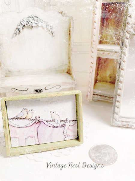 Laundry Birds No.1:1 Dollhouse Miniature Handmade Wooden Framed Art image 0