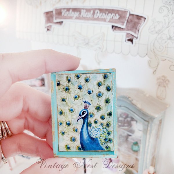 Peacock No.2:2 Dollhouse Miniature Handmade Wooden Framed Art image 2