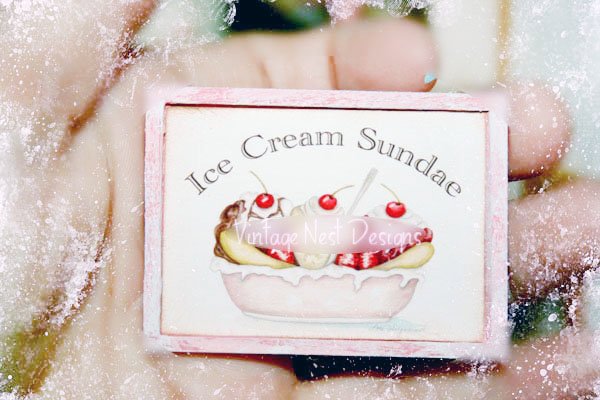 Banana Split Sundae No.1:1 Dollhouse Miniature Handmade Wooden Framed Art image 1