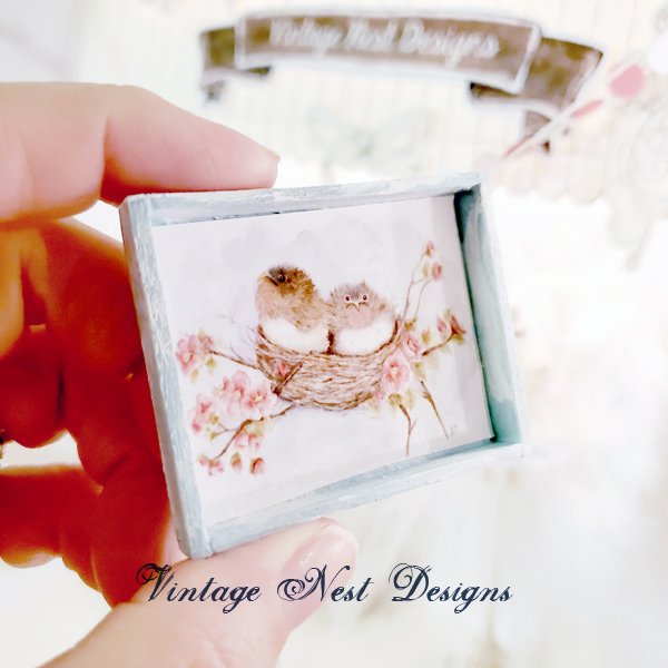 Bird Nest Roses No.5:1 Dollhouse Miniature Handmade Wooden Framed Art image 2