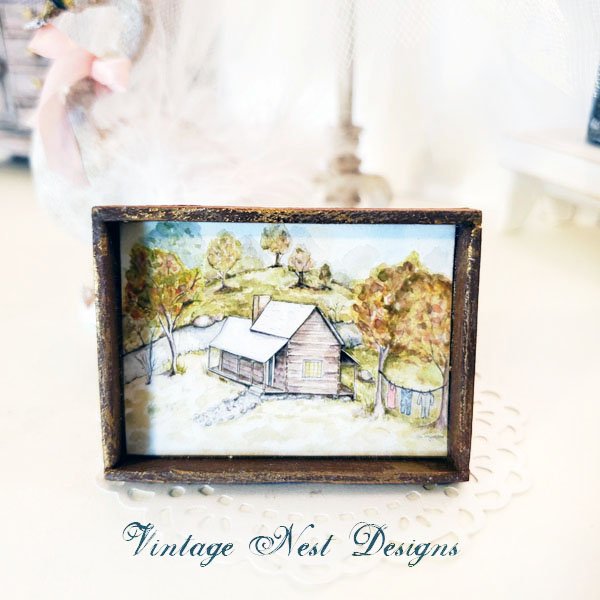 Cabin in the Woods No.1:2 Dollhouse Miniature Handmade Wooden Framed Art image 0