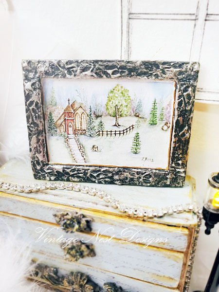 Church in the Woods No.2:3 Dollhouse Miniature Handmade Wooden Framed Art image 1