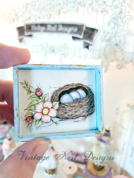 Bird Nest Roses No.2:1 Dollhouse Miniature Handmade Wooden Framed Art image 3