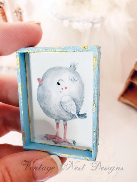 Pink Tweet No.1:2 Dollhouse Miniature Handmade Wooden Framed Art image 1