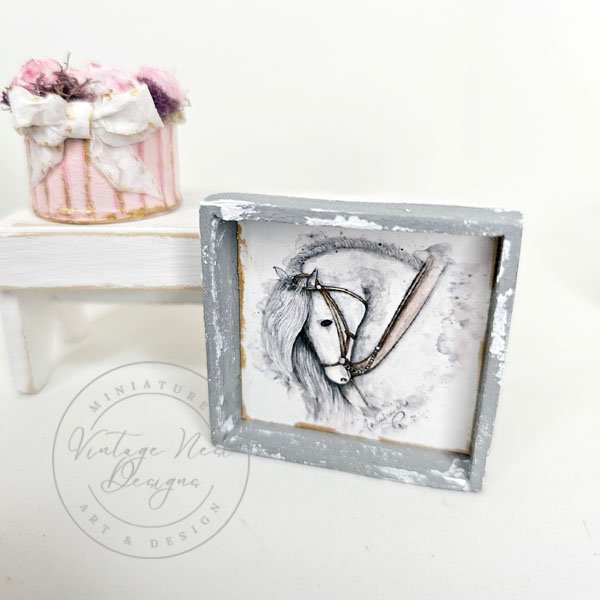 Andalusian Horse No.1:2 Dollhouse Miniature Handmade Wooden Framed Art image 0