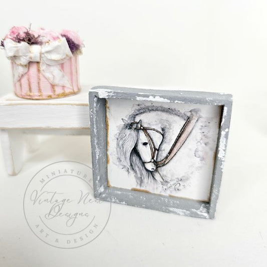 Andalusian Horse No.1:2 Dollhouse Miniature Handmade Wooden Framed Art image 0