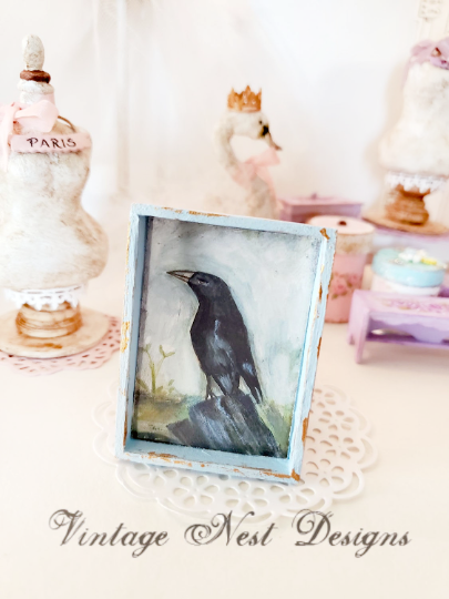 Old Crow No.1:2 Dollhouse Miniature Handmade Wooden Framed Art image 0