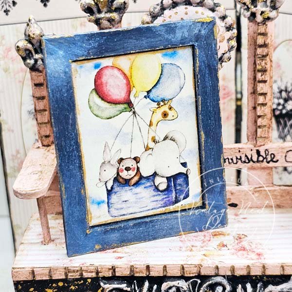 Animals & Balloons No.1:2 Dollhouse Miniature Handmade Wooden Framed Art image 3