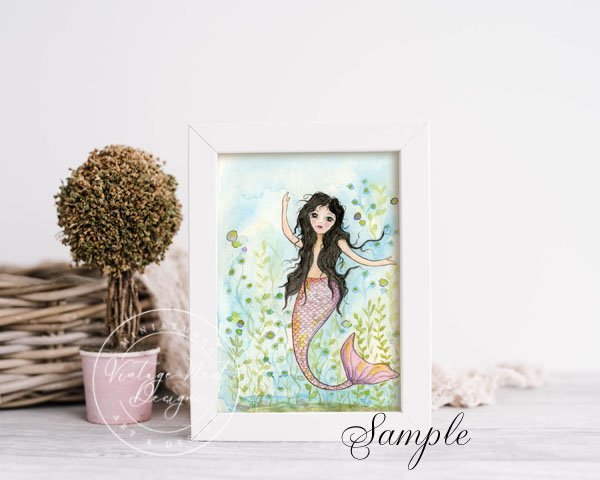 Digital Prints Under the Sea Mermaid No.1 Watercolor Painting image 1
