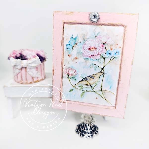 Bird Nest Roses No.5:2 Dollhouse Miniature Handmade Wooden Framed Art image 0
