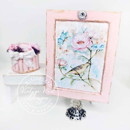 Bird Nest Roses No.5:2 Dollhouse Miniature Handmade Wooden Framed Art image 0
