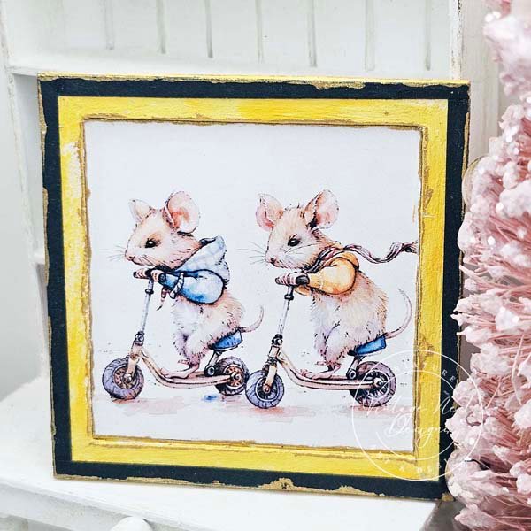 Nursery Mice No.1:2 Dollhouse Miniature Handmade Wooden Framed Art image 3
