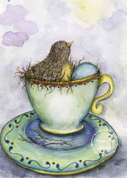 Bird Nest in Tea Cup No.1 Digital Prints Watercolor Painting image 0