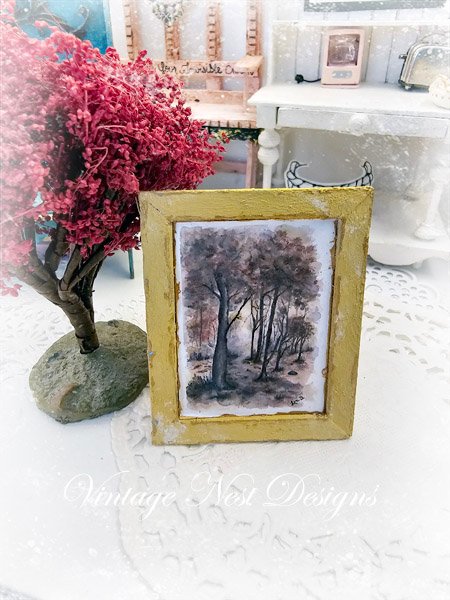 Fall Trees No.1:1 Dollhouse Miniature Handmade Wooden Framed Art image 0