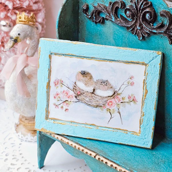 Bird Nest Roses No.5:2 Dollhouse Miniature Handmade Wooden Framed Art image 6