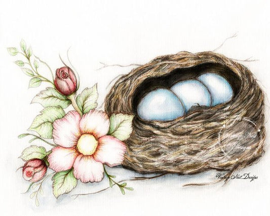 Bird Nest Roses No.2 Digital Prints Watercolor Painting image 0