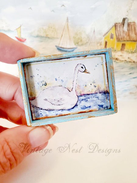 Swan No.2:1 Dollhouse Miniature Handmade Wooden Framed Art image 2