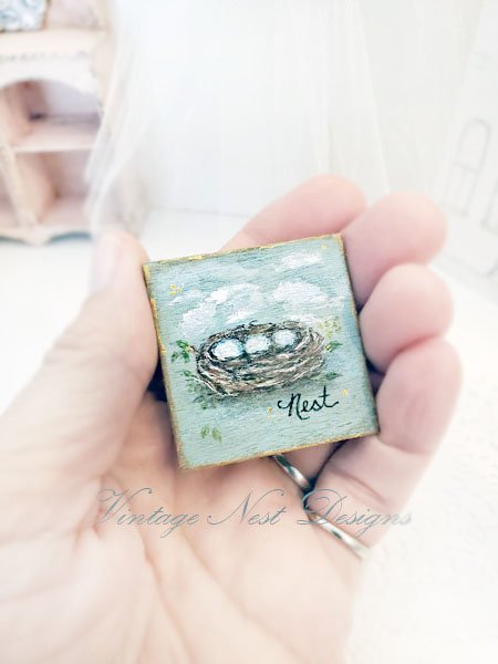 Bird Nest No.2:2 Dollhouse Miniature Original Painting Handmade Wooden Framed Art image 3