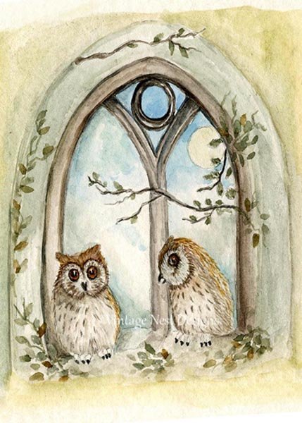 Two Owls in Window No.1 Digital Prints Watercolor Painting image 0