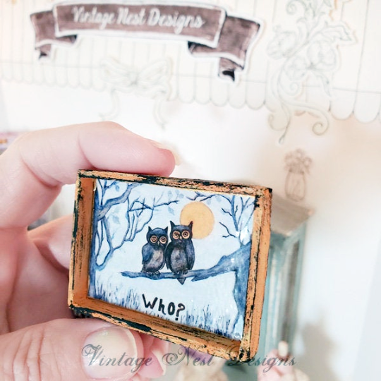 Owls, One Who No.1:1 Dollhouse Miniature Handmade Wooden Framed Art image 3