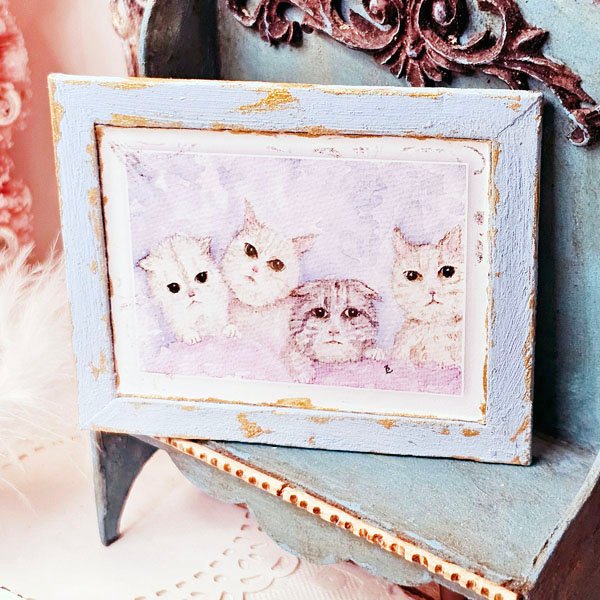 Kittens No.5:2 Dollhouse Miniature Handmade Wooden Framed Art image 3