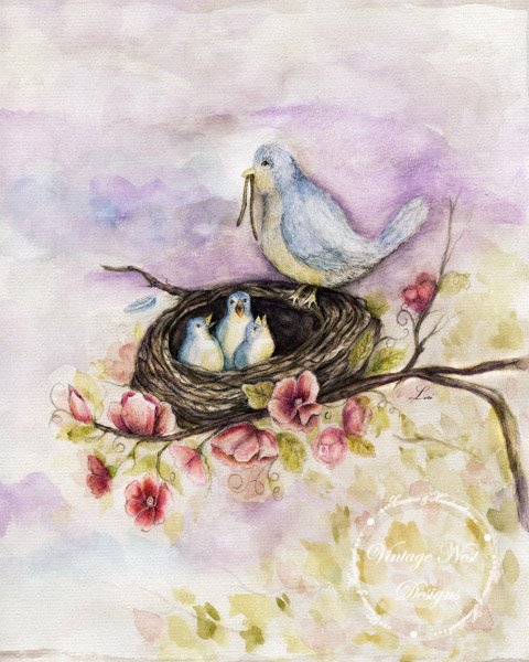 Bird Nest Roses No.6 Digital Prints Watercolor Painting image 0