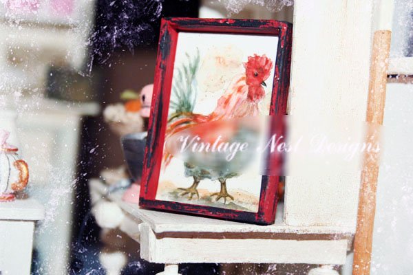 Rooster No.4:1 Dollhouse Miniature Handmade Wooden Framed Art image 1