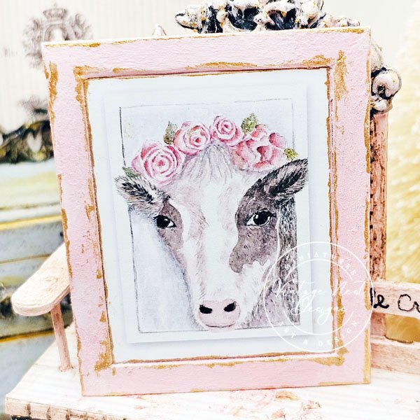 Dollhouse Miniature Cow with Roses No.1:2 Handmade Wooden Framed Art image 3