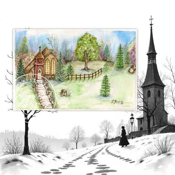 Church in the Woods No.2 Digital Prints Watercolor Painting image 0