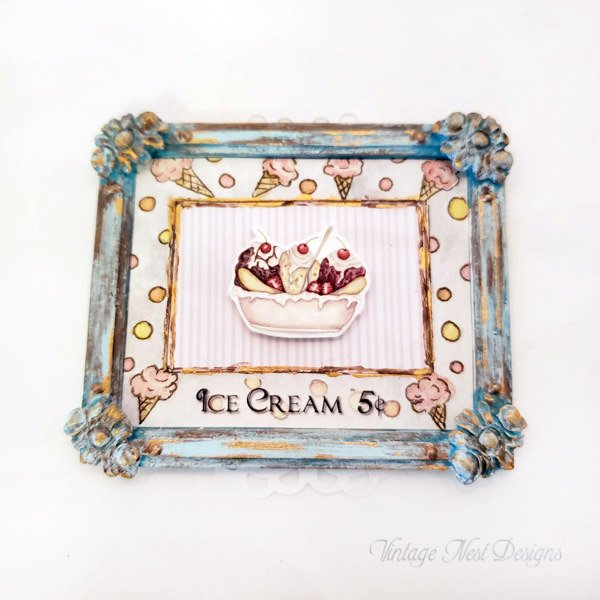 Banana Split Sundae No.1:4 Dollhouse Miniature Handmade Wooden Framed Art image 1