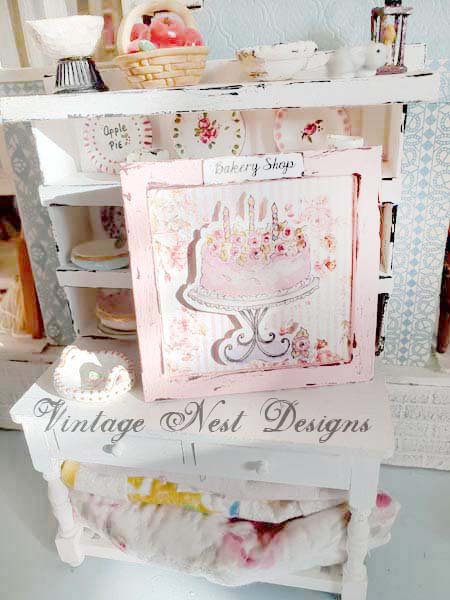 Pink Cake No.12:1 Dollhouse Miniature Handmade Wooden Framed Art image 2