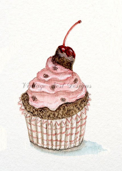 Chocolate Raspberry Cupcake No.34:1 Digital Prints Watercolor Painting image 0