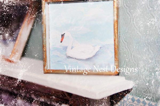 Swan No.1:1 Dollhouse Miniature Handmade Wooden Framed Art image 0