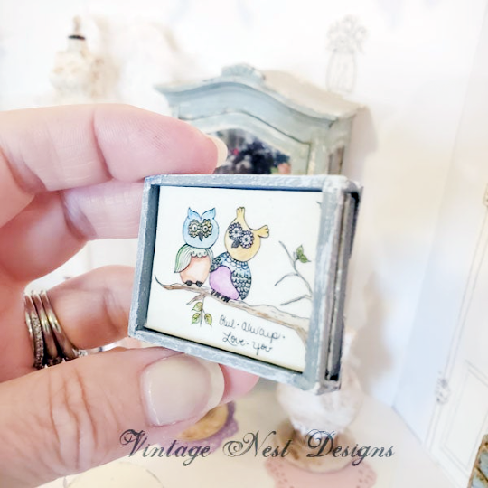 Owl Always Love You No.1:1 Dollhouse Miniature Handmade Wooden Framed Art image 1