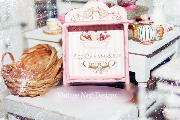 Banana Split Sundae Shelf No.3 Dollhouse Miniature Handmade Wooden Framed Art image 1