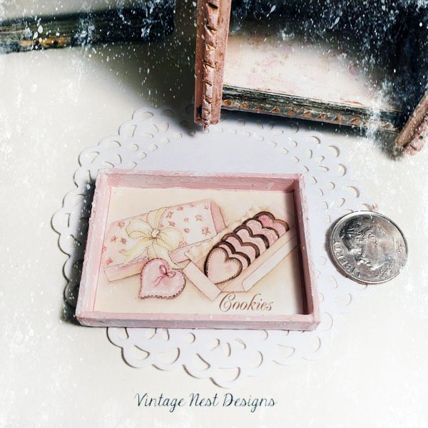 Box of Pink Cookies No.1:1 Dollhouse Miniature Handmade Framed Wooden Art image 1