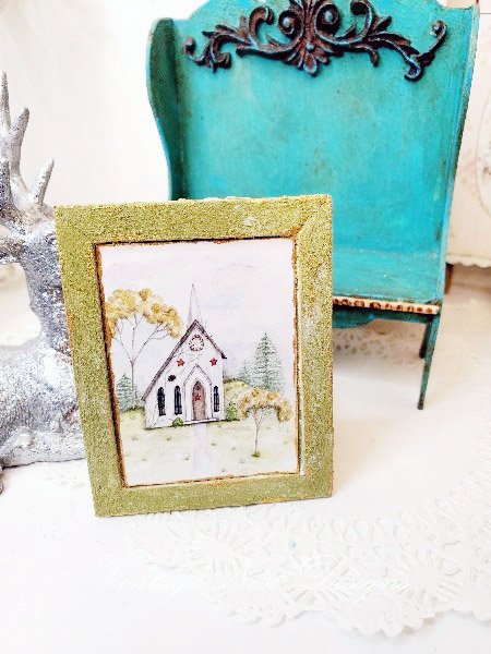 Church No.2:1 Dollhouse Miniature Handmade Wooden Framed Art image 0