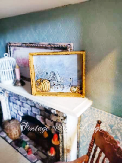 Halloween Pumpkins No.2:2 Dollhouse Miniature Handmade Wooden Framed Art image 1