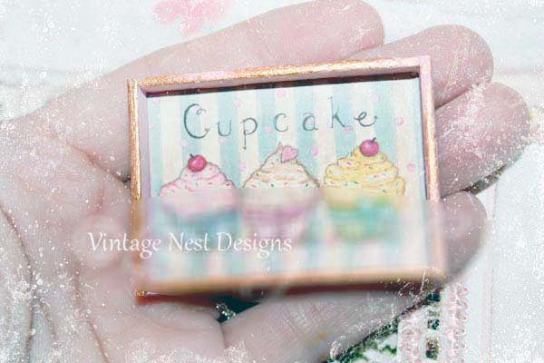 Three Cupcakes No.4:3 Dollhouse Miniature Handmade Wooden Framed Art image 1