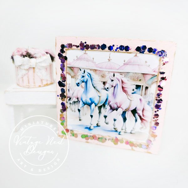 Carousel Horses No.1:1 Dollhouse Miniature Handmade Wooden Framed Art image 0