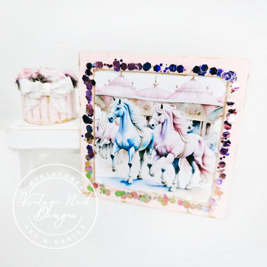 Carousel Horses No.1:1 Dollhouse Miniature Handmade Wooden Framed Art image 0