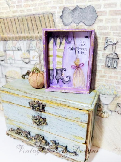 Witch If Broom Fits No.1:1 Dollhouse Miniature Handmade Wooden Framed Art image 1