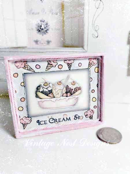 Banana Split Sundae No.1:2 Dollhouse Miniature Handmade Wooden Framed Art image 0