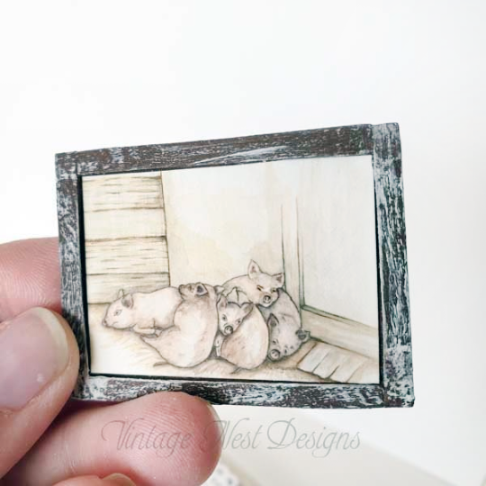 Piglets No.1:2 Dollhouse Miniature Handmade Wooden Framed Art image 1